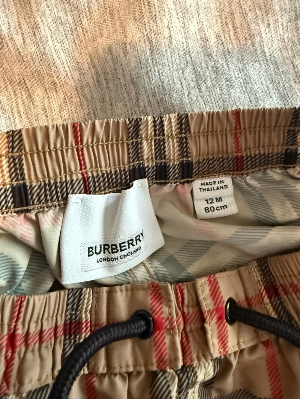 Authentic Burberry Tan Plaid Check Swim Shorts w/ Black & Red Accents 12 months